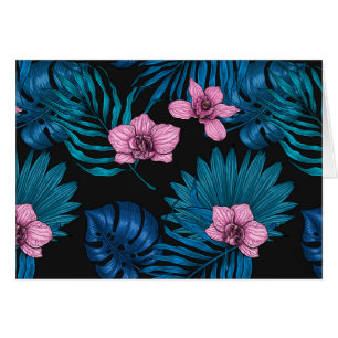 Orchideen und Blätter aus Palmen, rosa und blau au