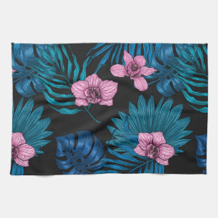 Orchideen und Blätter aus Palmen, rosa und blau au Geschirrtuch