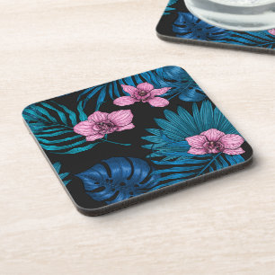 Orchideen und Blätter aus Palmen, rosa und blau au Getränkeuntersetzer