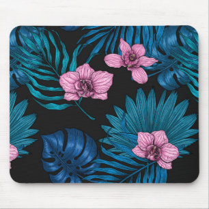 Orchideen und Blätter aus Palmen, rosa und blau au Mousepad