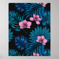 Orchideen und Blätter aus Palmen, rosa und blau au