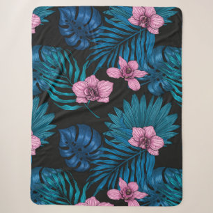 Orchideen und Blätter aus Palmen, rosa und blau au Sherpadecke