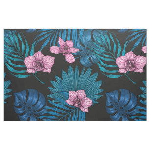 Orchideen und Blätter aus Palmen, rosa und blau au Stoff