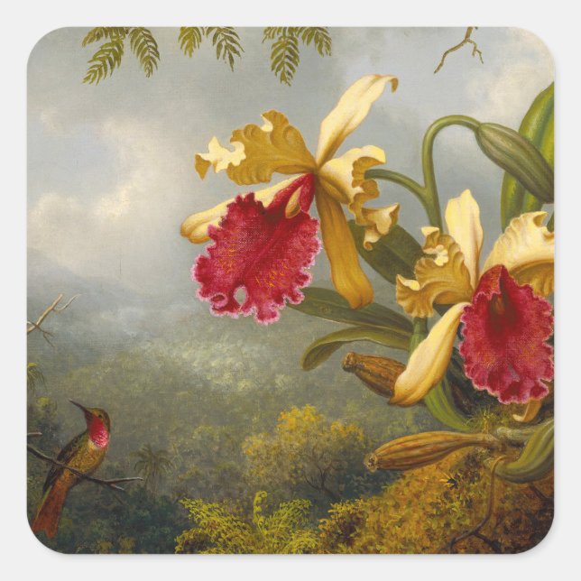 Orchideen und Hummingbird Heade Quadratischer Aufkleber (Vorderseite)
