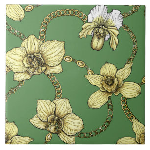 Orchideen und Ketten, gelb und kelgrün Fliese