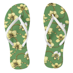Orchideen und Ketten, gelb und kelgrün Flip Flops