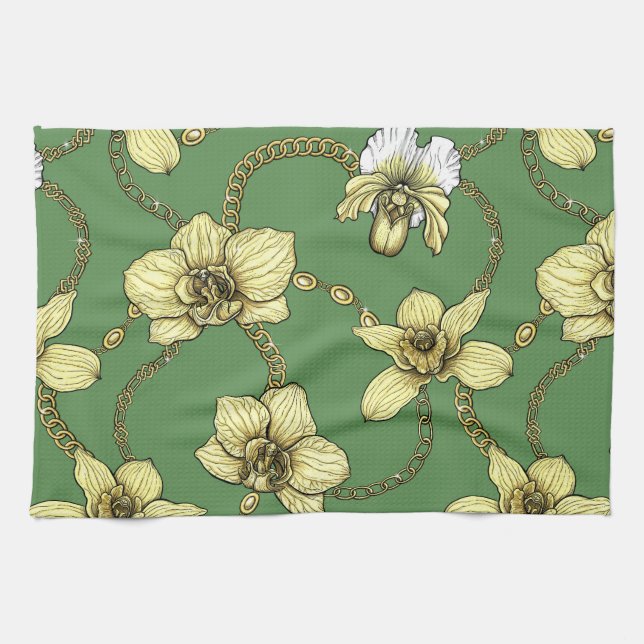 Orchideen und Ketten, gelb und kelgrün Geschirrtuch (Horizontal)