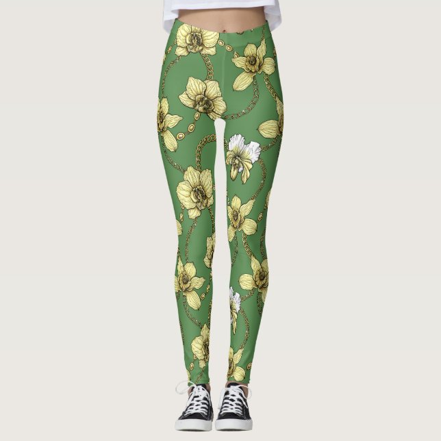 Orchideen und Ketten, gelb und kelgrün Leggings (Vorderseite)