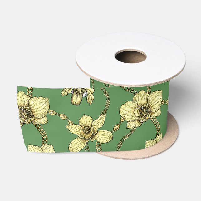 Orchideen und Ketten, gelb und kelgrün Satinband (Spule)
