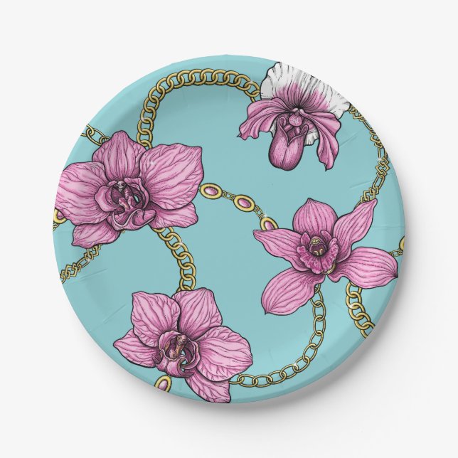 Orchideen und Ketten, rosa und blau Pappteller (Vorderseite)