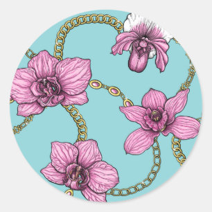 Orchideen und Ketten, rosa und blau Runder Aufkleber