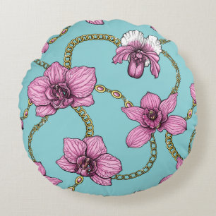 Orchideen und Ketten, rosa und blau Rundes Kissen