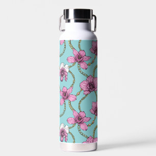 Orchideen und Ketten, rosa und blau Trinkflasche