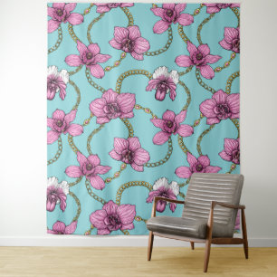 Orchideen und Ketten, rosa und blau Wandteppich