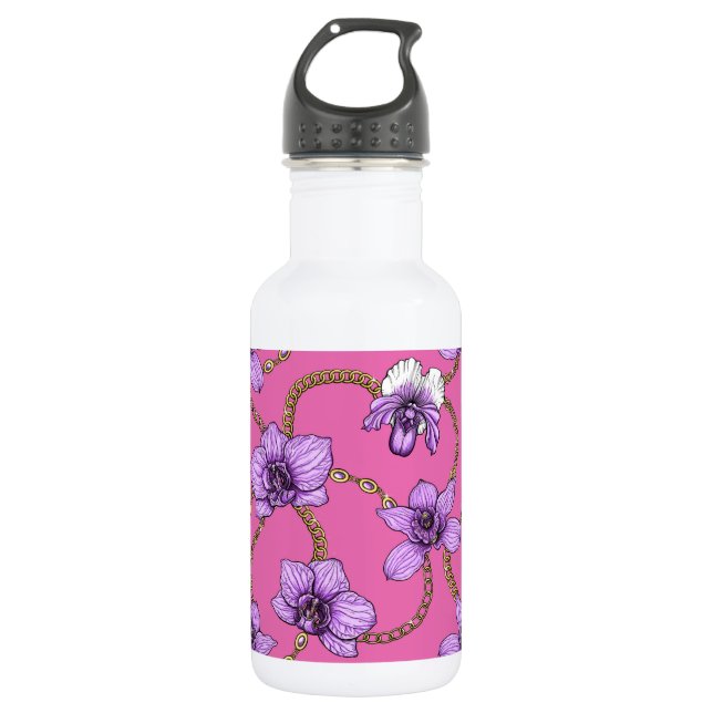 Orchideen und Ketten, violett und rosa Edelstahlflasche (Vorderseite)