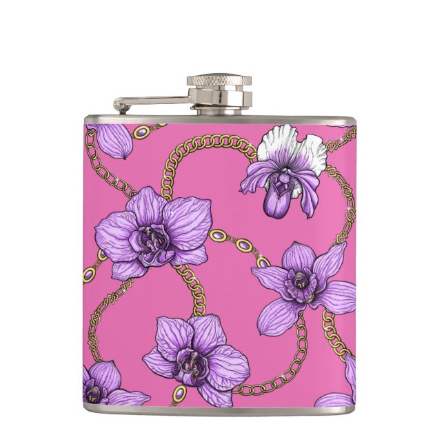 Orchideen und Ketten, violett und rosa Flachmann (Vorderseite)