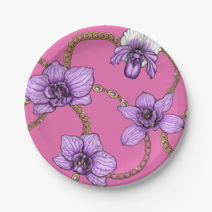 Orchideen und Ketten, violett und rosa Pappteller