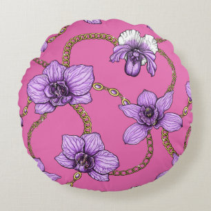 Orchideen und Ketten, violett und rosa Rundes Kissen