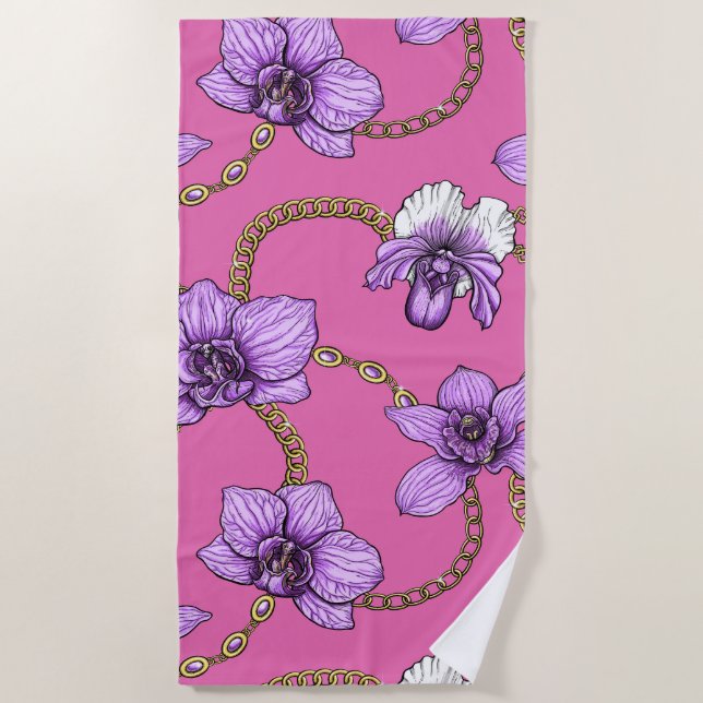 Orchideen und Ketten, violett und rosa Strandtuch (Vorderseite)