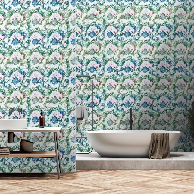 Orchideen und Palmen Blätter Tropische Vegetation Tapete (Badezimmer)