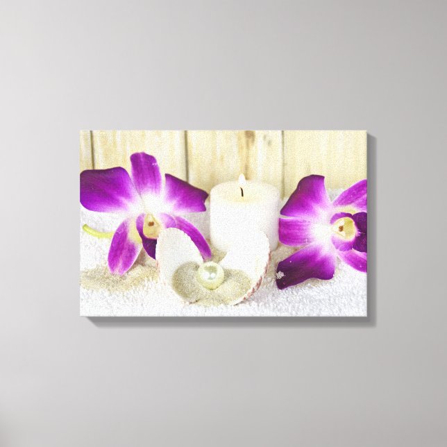 Orchideen und Wellness-Center-Kerze mit Muscheln Leinwanddruck (Vorderseite)