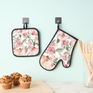 Orchideen-Wiesen-Aquarell-Blumen-Schamhaft-Botanis Ofenhandschuh & Topflappen-Set
