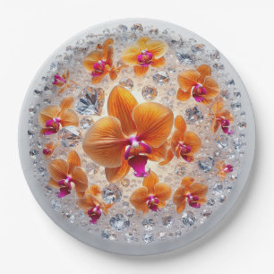 Orchideenblüten eingebettet in Kristallen Pappteller