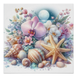 Orchideenblüten und Muscheln Seestern Aquarell  Poster