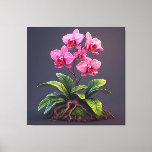 Orchideenpflanze mit rosa Blüten und grünen Blätte Leinwanddruck