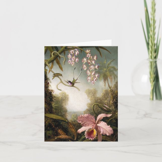 Orchidées de jet avec la carte de note de colibri (Devant)