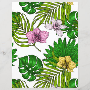 Orchidées et feuilles de palmiers, rose, jaune, ve