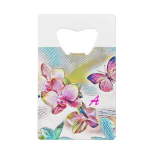 Orchidées roses fleurs et papillons carte de crédi
