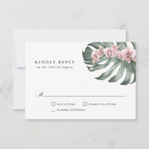 Orchidées roses sur Monstera Mariage tropical RSVP