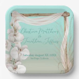 Orchids & Boho Arch auf der Hochzeit am Strand Pappteller