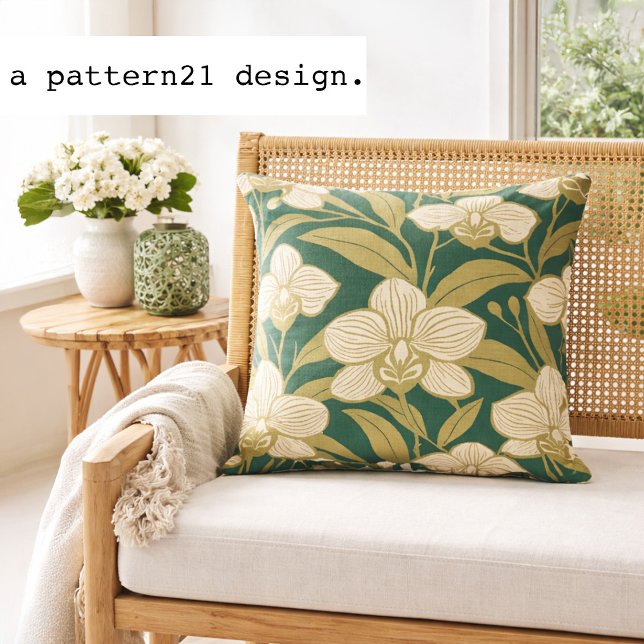 Orchids on emerald green pattern kissen (elegant orchid pillow adds tropical botanical elegance to relaxed island inspired spaces.)