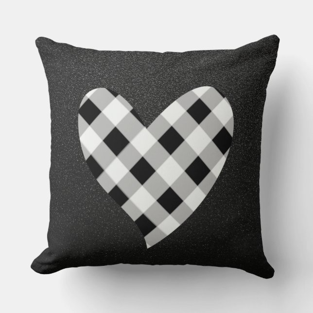 Oreiller à coeur plaid noir et blanc (Recto)