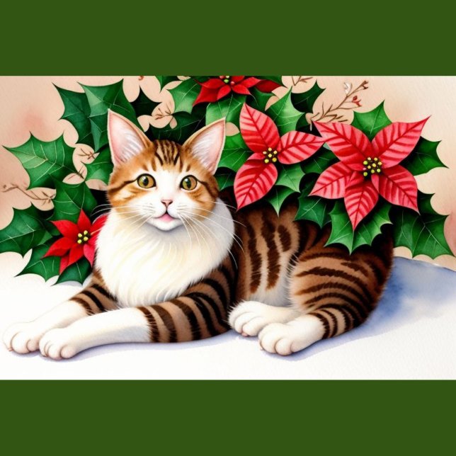 Oreiller à jet de chats (A square throw pillow with a green border features a watercolor-style painting of a tabby cat.)