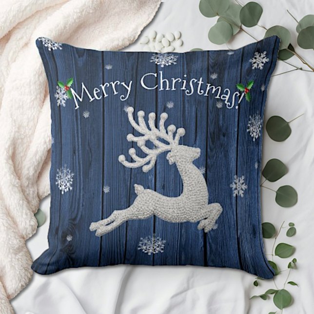 Oreiller à lancer bleu Rustique de Noël (Blue Rustic Christmas Reindeer Throw Pillow)