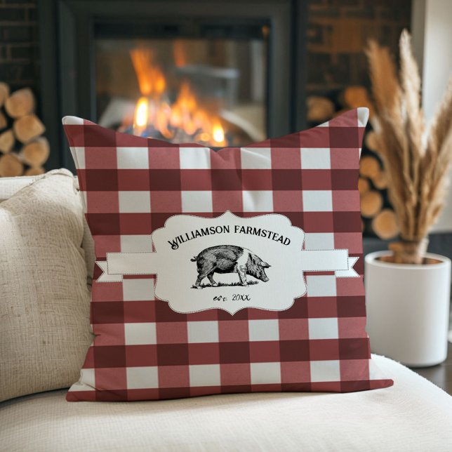 Oreiller à lancer de cochon de ferme à Buffalo rou (Red Buffalo Plaid Farm Pig Throw Pillow)