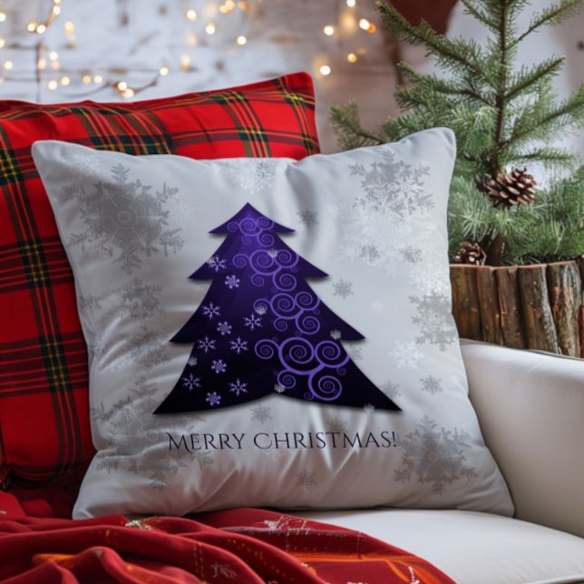 Oreiller à lancer de l'arbre de Noël violet (Purple Festive Christmas Tree Throw Pillow)