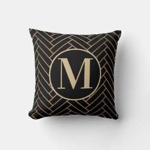 Oreiller à lancer de monogramme élégant noir et or