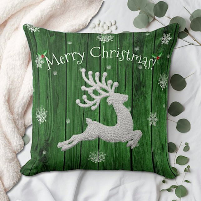 Oreiller à lancer de rennes de Noël rustique vert (Green Rustic Christmas Reindeer Throw Pillow)