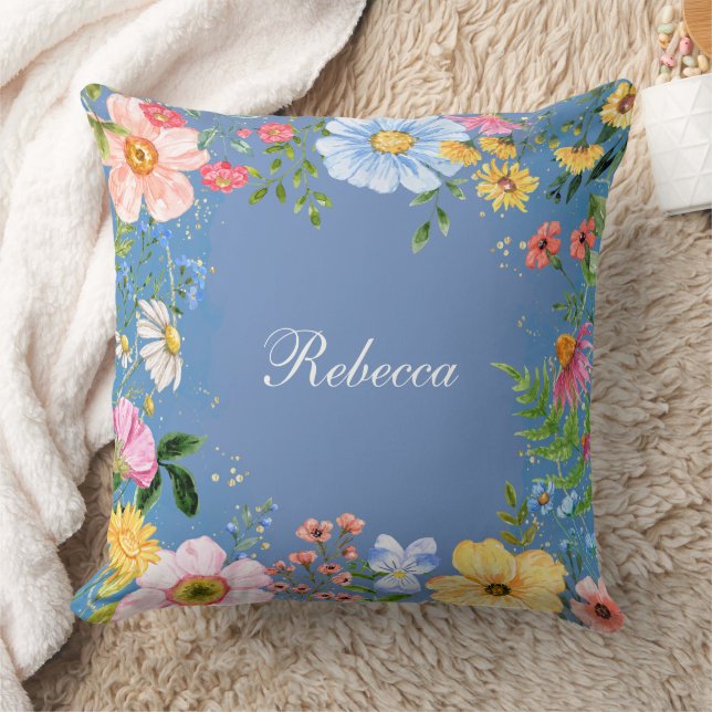 Oreiller à lancer personnalisé bleu floral (Couverture)