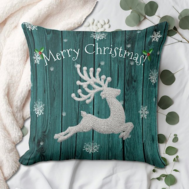 Oreiller à lancer turquoise de rennes de Noël rust (Teal Rustic Christmas Reindeer Throw Pillow)