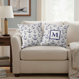 Oreiller à l'ancre nautique bleue avec monogramme