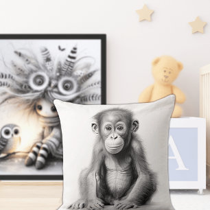 Oreiller carré bébé chimpanzé noir et blanc à jete