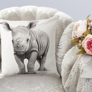 Oreiller carré bébé rhinocéros noir et blanc à jet