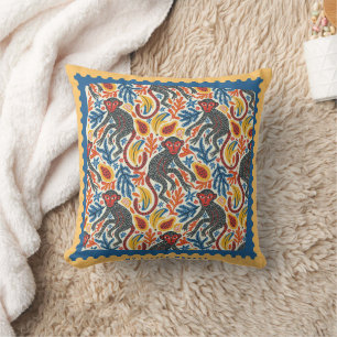 Oreiller carré singe tropical ludique bleu jaune
