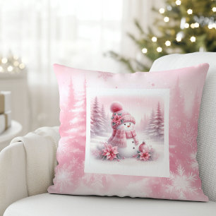 Oreiller Charmant Bonhomme de Neige Rose pour Déco
