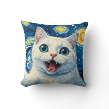 Oreiller Chat Blanc Nuit Étoilée Clair de Lune Rêv